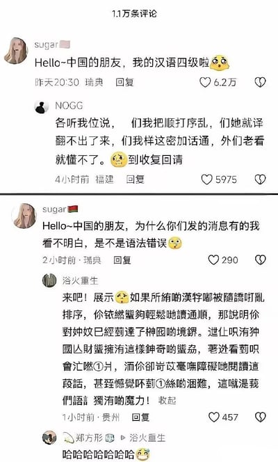 这是一张社交媒体评论区截图，共包含5条互动评论：1. 定位为瑞典的用户sugar首先发言，向中国网友问好，称自己已经考过汉语四级，该评论获6.2万点赞；2. 定位为福建的用户NOGG紧接着故意将汉字语序全部打乱留言，称这样“加密”说话外国人就翻译不出来、看不懂，还让大家收到请回复，获5975赞；3. 随后sugar再次留言，称自己看不懂大家发的内容，疑惑是不是对方的语法有问题，获290赞；4. 定位为贵州的用户“浴火重生”进一步升级玩梗，不仅打乱语序还替换了大量同音字、形近字留言，解释称这是中文独有的魔力，即便汉字排序打乱，中文母语者依然可以轻松读通顺，外国人则完全无法理解，获457赞；5. 最后用户“郑方形”在该条评论下回复大笑的内容。整组互动是中文网络常见的玩梗内容，利用了中文母语者对汉字语序容错度高、即便打乱顺序也能理解含义的特点，调侃汉语水平不足的外国学习者即便考过了汉语四级也无法理解这类“加密”内容，笑点十足。