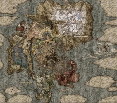这是一张FromSoftware开发的开放世界RPG《艾尔登法环》的完整世界地图，采用复古羊皮纸手绘风格绘制，呈现了游戏中名为“交界地”的宏大世界。地图被云雾环绕，划分出多个地貌与生态迥异的区域：中央是宁姆格福与利耶尼亚湖区域，上方是冰封的巨人山顶，左侧是腐败蔓延的盖利德，右侧是猩红腐败的蒙格温王朝，下方是亚坛高原与火山官邸区域，还有下方的孤立群岛。图中用大量黄色标记标注了游戏内的“赐福点”——玩家的复活、传送与休息点，清晰展示了已解锁的传送位置，方便玩家规划探索路线，整体细节丰富，完美还原了游戏世界的广袤与多样。