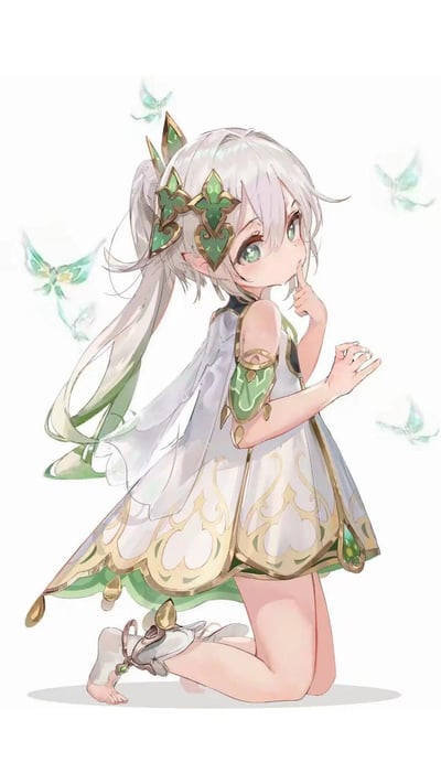 这是一张游戏《原神》角色纳西妲的同人插画，画面中纳西妲以跪坐姿态呈现，银白渐变草绿色的长发扎成低马尾，头戴带有草元素风格的金边绿色头饰，翠绿的眼眸灵动澄澈，一根手指抵在唇边，姿态娇俏软萌。纯白背景下，几只淡绿色的灵蝶环绕在她身旁，整体画风清新柔和，完美展现出角色的灵动可爱与自然气息。