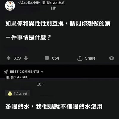 这是一张Reddit论坛r/AskReddit板块的截图，展示了一个热门问题："如果你和异性性别互换，请问你想做的第一件事情是什么？"。截图包含原帖和一条获赞最高的评论："多喝热水，我他妈就不信喝热水没用"，该评论带有一个奖励标识。图片由IVAN MADE翻译制作，保留了Reddit的原始界面元素，包括投票数、评论数和分享按钮等。