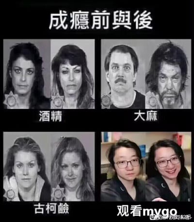 这是一张基于「毒品成瘾前后容貌变化」警示模板二次创作的趣味梗图，整体分为四个模块：
1. 酒精模块：展示女性酒精成瘾前后，容貌变得更加憔悴无神；
2. 大麻模块：展示男性大麻成瘾前后，容貌衰老颓废；
3. 古柯碱模块：展示女性古柯碱成瘾前后，容貌憔悴沧桑；
4. 观看mygo模块：反套路展示观众观看《BanG Dream! It's MyGO!!!!!》（简称mygo）前后，从神情落寞变得笑容满面，与前三组的负面反差形成强烈对比，用反讽的方式表达出观看mygo带来的积极情绪，是粉丝创作的趣味内容，用来表达对作品的喜爱。