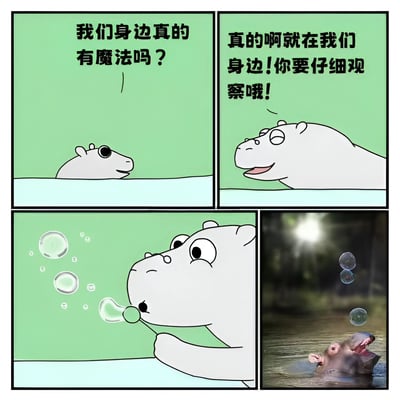 四格连环漫画，讲述两只白色小河马讨论身边是否有魔法的故事。第一格：小河马露出半个头，疑惑地问“我们身边真的有魔法吗？”；第二格：另一只小河马笑着回应“真的啊就在我们身边！你要仔细观察哦！”；第三格：小河马正用力吹出一连串透明泡泡；第四格：画面转为真实照片，一只河马在水中张开嘴，头顶漂浮着几个泡泡，呼应前面的“魔法”主题，展现生活中的小惊喜。