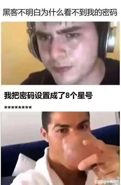 这是一张上下拼接的连环梗图，上半部分是一个戴着耳机、满脸委屈流泪的男子，配文“黑客不明白为什么看不到我的密码”；下半部分是足球运动员C罗用手捂嘴、憋笑的经典表情包，配文“我把密码设置成了8个星号”，下方还打出了8个星号********。这个梗的笑点在于，通常输入密码时系统会用星号隐藏真实密码，而用户直接把密码设成8个星号，让黑客破解时看到的星号就是真实密码，这种无厘头的整蛊方式制造了搞笑效果，用流泪男子表现黑客的困惑，用C罗的憋笑表现用户的得意和这个操作的滑稽。