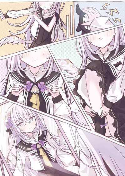 这是游戏《蔚蓝档案》角色白洲梓的同人四格连环漫画，分四个画面展现她的换装过程：
1. 第一格：白洲梓拉起上衣，露出害羞的神情；
2. 第二格：她戴着带有小恶魔角的帽子，一脸惊讶又害羞；
3. 第三格：她将紫色花朵别在领部，面带温柔的微笑；
4. 第四格：她完成装扮，头发别着花朵，眼神温柔地看向镜头。
整体氛围软萌可爱，没有谐音梗、双关或暗示类内容。