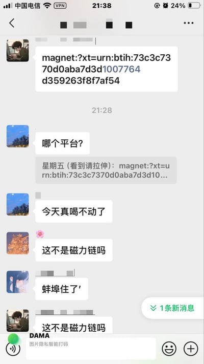 手机聊天记录截图，显示用户发送磁力链接后引发的调侃对话。对话中有人询问“哪个平台？”，随后有人回复“今天真喝不动了”，接着有人指出“这不是磁力链吗”，最后出现网络热词“蚌埠住了”。图片底部有“DAMA 图片隐私智能打码”水印，部分头像和用户名已被模糊处理。

双关/谐音梗：“蚌埠住了”是网络流行语，谐音“绷不住了”，表示忍不住笑或情绪失控。