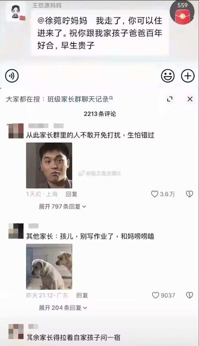 这是一张竖版社交媒体评论区截图，内容围绕一则班级家长群的乌龙聊天事件展开：顶部展示了家长群内的聊天内容，昵称为“王恺源妈妈”的家长@“徐菀咛妈妈”，发送了内容为“我走了，你可以住进来了。祝你跟我家孩子爸爸百年好合，早生贵子”的消息，明显是误将本该私发的八卦消息发到了公开的班级家长群，引发巨大乌龙。下方是网友针对该事件的玩梗评论：第一条热门评论称“从此家长群里的人不敢开免打扰，生怕错过”，获得3.6万点赞；第二条评论配两只吃瓜神态狗狗的图片，文案为“其他家长：孩儿，别写作业了，和妈唠唠嗑”，获赞9000余次；第三条评论仅露出开头“其余家长得拉着自家孩子问一宿”，内容未完全展示。整体事件充满戏剧性，十分搞笑，引发网友吃瓜玩梗。