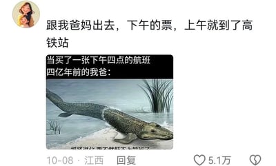 图片上方是用户分享的生活趣事：'跟我爸妈出去，下午的票，上午就到了高铁站'，下方配有一张 meme 图。图中文字为'当买了一张下午四点的航班 四亿年前的我爸：'，搭配了一幅古生物复原图——提塔利克鱼正奋力爬向陆地。通过夸张的比喻，幽默吐槽父母出门赶车时总是提前很久到达的习惯，引发网友共鸣。