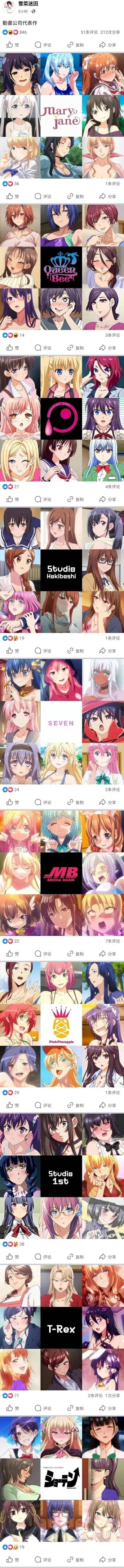 这是社交媒体账号「雪菜迷因」发布的长图内容，由多个九宫格拼接而成。每个九宫格的中心是一家日本里番动画制作公司的品牌标识，包括Mary jane、Queen Bee、PinkPineapple等知名成人向动画厂商，周围环绕着该公司出品动画中的女性角色。这些角色大多呈现出羞涩、魅惑的神态，是对不同里番公司作品风格与代表性角色的汇总盘点，面向熟悉这类成人向ACG内容的受众。
