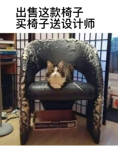 这是一张充满趣味的宠物实拍图，画面主体是一把黑色皮制椅子，椅子的扶手和边缘被抓得面目全非，内部填充物裸露出来，座位表面也布满抓痕，显然是被猫咪长期抓挠导致。一只棕白相间的猫咪正趴在椅子的座位上，前爪叠放在身前，眼神无辜地望向镜头，它正是造成椅子破损的“罪魁祸首”。椅子下方垫着一个印有“MIXED NUTS”字样的纸盒，背景中能看到书架和日式格子屏风，是典型的居家场景。图片顶部配有文字“出售这款椅子 买椅子送设计师”，这里的“设计师”是调侃这只拆家的猫咪，用幽默的方式将猫咪的拆家行为包装成“设计”，让原本让人无奈的场景变得搞笑十足，容易引发养宠人群的共鸣。