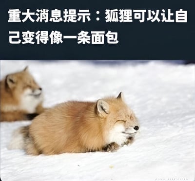 图片上方有白色大字标题"重大消息提示：狐狸可以让自己变得像一条面包"，下方是两只狐狸在雪地里蜷缩睡觉的照片。前景中的狐狸身体蜷缩成圆形，蓬松的毛发和圆润的轮廓使它看起来非常像一条面包，表情安详，闭着眼睛。背景中还有另一只同样蜷缩的狐狸。整体画面温馨有趣，利用狐狸自然的睡姿和外形特点制造出幽默效果。