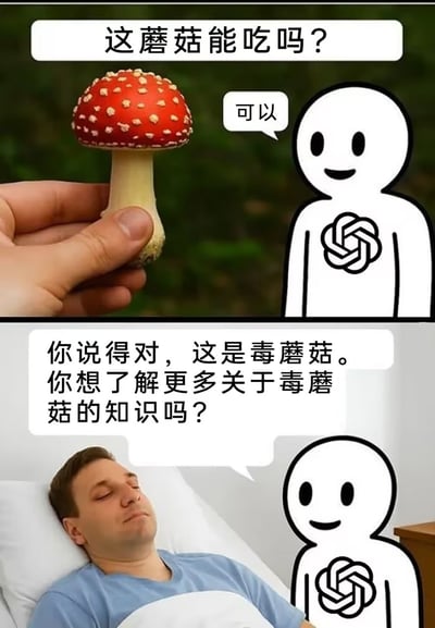 图片分为上下两部分。上半部分：一只手握着一颗红底白点的蘑菇（疑似毒蝇伞），上方文字气泡写着“这蘑菇能吃吗？”，右侧是一个胸口有循环图案的抽象卡通人，微笑着回答“可以”。下半部分：一名男子闭眼躺在床上，表情痛苦，同一抽象卡通人站在旁边，文字气泡写着“你说得对，这是毒蘑菇。你想了解更多关于毒蘑菇的知识吗？”。通过前后对比形成讽刺效果，调侃错误建议导致的后果。