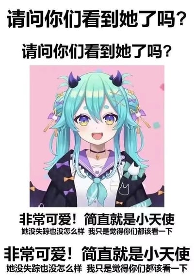 图片为静态图文混排形式，背景为纯白色。顶部有两行重复文字“请问你们看到她了吗？”，中间是一位动漫风格少女形象：蓝绿色长发，两侧扎有双马尾，发间装饰紫色蝴蝶结与发簪，头顶有紫色小角，身着带有猫爪图案的黑色外套与白色水手服，眼睛为黄色渐变，面带微笑，背景为粉色并点缀彩色光斑。下方有两行重复文字“非常可爱！简直就是小天使 她没失踪也没怎么样 我只是觉得你们都该看一下”。整体通过重复提问制造悬念，实则以俏皮方式分享可爱动漫角色。