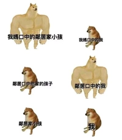 这是一张多图拼接的P图改编梗图，创作者将知名的Doge柴犬表情包进行二次创作，分为六组画面，用肌肉发达的强壮柴犬和普通瘦小柴犬的形象反差，来表现不同视角下的孩子形象：妈妈口中的邻居家小孩是完美的肌肉柴犬，妈妈口中的“我”是普通柴犬；邻居口中自家孩子是普通柴犬，邻居口中的“我”则是肌肉柴犬；而现实里的邻居家小孩和“我”都是普通柴犬。该梗图生动调侃了日常生活中家长与邻居之间互相客套、抬高对方孩子、贬低自家孩子的常见社交现象，展现了长辈口中的孩子形象与真实情况的反差，引发共鸣。