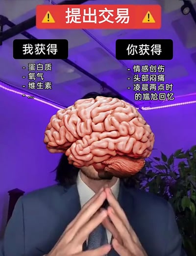 这是一张带有幽默吐槽性质的图文混排图，画面主体是一位戴着仿真大脑头套的人，他双手合十，做出类似谈判、提出交易的姿态。图上方有红色警示样式的标题“提出交易”，标题下方分左右两栏展示交易双方的所得：代表大脑的“我”能获得蛋白质、氧气、维生素等维持运作的必需物质；而作为身体使用者的“你”，得到的却是情感创伤、头部闷痛、凌晨两点时的尴尬回忆等负面体验。这张图通过这种极度不对等的交易设定，用夸张搞笑的方式调侃大脑消耗身体资源，却给人带来诸多糟糕情绪与体验的现象，容易引发网友共鸣，属于网络搞笑迷因内容。