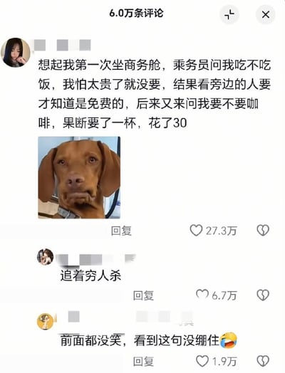这是一张社交平台评论区的截图，顶部显示该内容共有6.0万条评论。首条高赞热评由匿名用户发布，内容为分享自己第一次坐商务舱的经历：起初乘务员询问是否需要用餐时误以为餐食收费便婉拒，看到旁人索要才知道餐食免费，后续乘务员再次询问是否需要咖啡时便果断答应，最后却发现咖啡需要付费30元，还搭配了一张表情憋屈无奈的棕色狗狗表情包，该评论获赞27.3万。第二条高赞回复仅写了“追着穷人杀”，获赞6.7万。第三条高赞回复表示“前面都没笑，看到这句没绷住”并搭配笑哭表情，获赞1.9万，整体内容充满反差笑点，趣味十足。