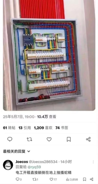 这是一张X平台（原推特）的社交媒体截图，上方展示了一个布线极度混乱、完全不符合行业规范的配电箱，电线毫无章法地弯折排布，看起来完全不专业；下方是这条动态的互动数据，包括10.4万查看、1209个喜欢等，还有一条热门评论：“电工开箱直接躺倒在地上抽搐蛇精”，其中“蛇精”是“神经”的谐音梗，用夸张戏谑的方式吐槽这个电箱布线的离谱程度，调侃专业电工看到后会直接崩溃。