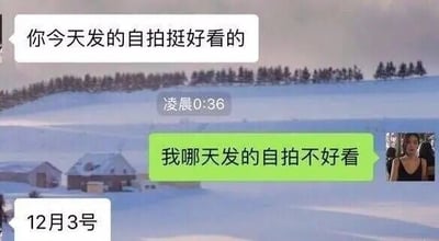 这是一张即时通讯软件的聊天记录截图，背景为雪地风景图，对话时间显示为凌晨0:36。对话起始于对话者A夸赞对话者B“你今天发的自拍挺好看的”，对话者B自信反问“我哪天发的自拍不好看”，本以为会得到肯定的回应，没想到对话者A精准指出“12月3号”，这种毫不留情的拆台回复形成了强烈的反差感，制造出搞笑的效果，让人觉得猝不及防又充满生活趣味。