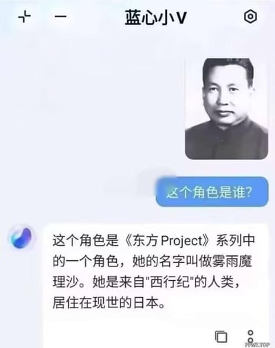 这是一张蓝心小V的AI对话界面截图，用户在该界面发送了一张真实男性的黑白肖像照片，向AI询问“这个角色是谁？”，AI给出了完全错误的识别结果：称该人物是《东方Project》系列中的女性角色雾雨魔理沙，还错误地将其与“西行纪”关联，说明其居住在现世日本。照片中的真实男性与雾雨魔理沙没有任何关联，AI的严重识别错误形成了荒诞搞笑的反差效果，凸显了AI识图功能在部分场景下的不靠谱。