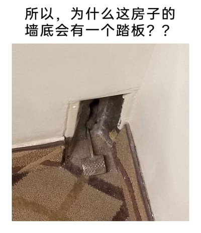 这是一张拍摄于室内墙角的静态照片，墙角的墙底被开出一个边缘粗糙、带有修补痕迹的不规则小洞口，洞口内部露出一个带有菱形防滑纹路的金属踏板，踏板连接着一根金属杆延伸至洞口深处。地面铺设有带有花纹的地毯，洞口周边的墙面和地毯衔接处有明显的破损与污渍。图片上方配有文字“所以，为什么这房子的墙底会有一个踏板？？”，传递出发现这个奇怪装置的困惑。这个踏板的用途引发猜测，可能是老式建筑中控制管道、通风系统的开关，或是施工遗留的临时装置，也有可能和建筑的检修、隐藏设施相关。