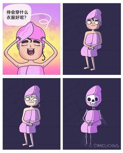 这是一幅四格连环卡通漫画，采用黑色幽默的风格呈现：第一格中，裹着紫色浴巾、头上包着同款毛巾的人物双手扶头，一脸纠结地思考“待会穿什么衣服好呢？”；第二格中，人物站在昏暗的环境里，眼神空洞呆滞，似乎陷入了漫长的选择纠结；第三格中，人物的皮肤变得苍老褶皱，明显已经在纠结中耗费了大量时间；第四格中，人物彻底变成了一具裹着浴巾和毛巾的骷髅，夸张地表现出选择困难症人群在纠结穿搭时的状态，仿佛会因为过度纠结而耗到生命尽头，用荒诞的手法调侃日常的选择焦虑。