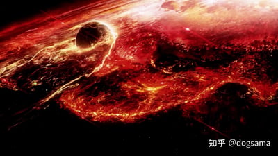 这是一张充满动感的宇宙场景图，以红色和橙色为主色调，中心偏左位置有一个深色球形天体（可能是星球或黑洞），周围环绕着发光的金色能量流，如同火焰般在黑色背景中舞动。背景中散布着明亮的光点和星云状物质，整体营造出壮丽、神秘且震撼的科幻氛围。
