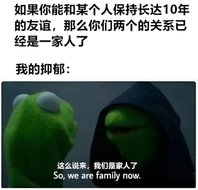 这张梗图通过文字与图片结合的方式，以幽默口吻探讨长期友谊与抑郁症的关系。上方文字提出'10年友谊即家人'的观点，下方则以'我的抑郁'作为转折，配图中两只青蛙对视，其中戴兜帽的青蛙说出'这么说来，我们是家人了'，形成一种黑色幽默，暗示抑郁症可能成为长期陪伴的'家人'。