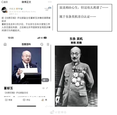 这张梗图将涉嫌间谍罪被起诉的前《光明日报》评论部副主任董郁玉的公开照片，与二战日本战犯东条英机的历史军装照进行左右拼接对比，搭配文字“虽说相由心生，但这也太离谱了……属于东条英机亲自认证……”，利用两人外貌相似的特点玩梗，讽刺董郁玉的行为如同战犯一般，带有强烈的调侃与批判意味。