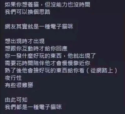 这是一张纯文字的趣味调侃图，以“没时间没能力养猫就换个思路”为引子，将网友的网络社交行为和猫咪的习性做了趣味类比：网友像猫咪一样随性，想出现才出现、看心情回应互动，看到有趣内容就会现身，需要花费时间陪伴才会慢慢亲近，熟络后会分享网络上的好玩内容，还有“夜行性”“有些难搞定”的特点，最后得出“我们都是一种电子猫咪”的结论，用幽默的方式精准总结了当代人线上社交的状态，很容易引发共鸣。