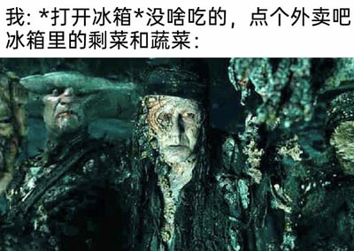 这是一张贴合日常的搞笑梗图，图中上方用文字还原了很多人的生活场景：“我：*打开冰箱*没啥吃的，点个外卖吧”，下方则配上了《加勒比海盗》系列电影里飞翔的荷兰人号的船员截图，这些船员因诅咒身体和海洋附着物融合，外观怪异且神态幽怨无奈。梗图用拟人化的方式，把冰箱里被主人无视、嫌弃的剩菜和蔬菜，比作这些被遗忘的深海亡灵，精准戳中人们明明冰箱有存货却不想动手烹饪，非要点外卖的普遍心态，用影视角色的沧桑感放大了剩菜“被冷落”的情绪，充满幽默与共鸣感。