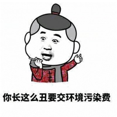 图片中是一个卡通风格的 elderly 人物形象，头顶梳着黑色发髻，两侧有灰色鬓角，身穿红色带有花纹的传统服饰，外搭灰色围巾。人物左手拿着一根烟斗放在嘴边，右手竖起大拇指，面部带着戏谑的笑容。图片底部配有黑色文字：“你长这么丑要交环境污染费”，整体通过夸张的外貌调侃和幽默的文字，营造出一种讽刺又搞笑的氛围，属于典型的社交平台调侃类表情包。