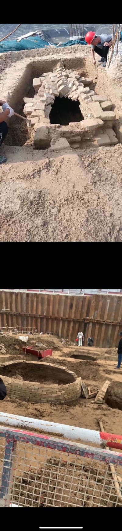 这是一组上下拼接的工地考古现场实拍图，上图呈现工人正在清理一处带有开口的长方形砖砌遗迹，该结构疑似古代墓葬，周边是发掘出的沙土；下图为另一处发掘区域，可见圆形砖砌环形遗迹，现场设置施工围挡，还有工作人员在区域内活动，整体记录了建筑施工过程中发现古代遗存后开展考古发掘的真实场景。