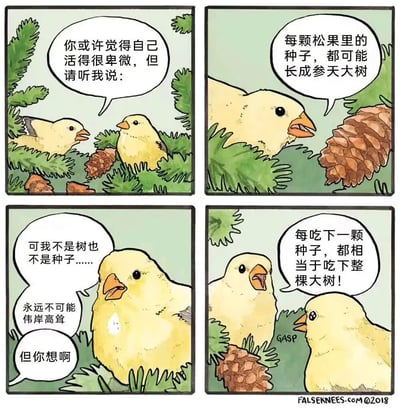 四格连环漫画描绘两只黄色小鸟的对话。第一格中一只小鸟对另一只说：“你或许觉得自己活得很卑微，但请听我说：”；第二格小鸟指向松果继续道：“每颗松果里的种子，都可能长成参天大树”；第三格另一只小鸟低头失落回应：“可我不是树也不是种子……永远不可能伟岸高耸 但你想啊”；第四格第一只小鸟兴奋地总结：“每吃下一颗种子，都相当于吃下整棵大树！”。通过反转励志逻辑制造幽默效果，将“种子长成大树”的正向寓意歪解为“吃种子就是吃大树”的乐观自嘲。