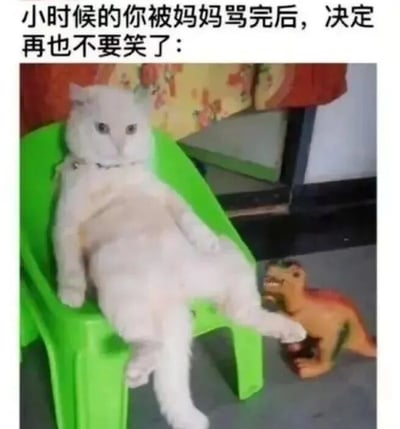 图片上方配有文字“小时候的你被妈妈骂完后，决定再也不要笑了：”，下方是一只白色猫咪躺在绿色塑料椅上的场景。猫咪表情严肃，身体放松地摊在椅子上，一只爪子随意搭在旁边的小型恐龙玩具上，其一本正经的模样与文字描述的童年被责骂后赌气不笑的状态形成幽默呼应，生动展现了孩童时期闹别扭的可爱情绪。