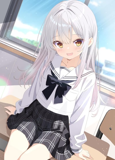 这是一张AI绘制的二次元插画，画面中一位身着JK制服的银发少女坐在教室的窗台上，暖黄色的大眼睛弯起，脸颊带着淡淡的红晕，吐着小舌头露出俏皮的笑容，双手撑在身侧的窗台上。背景是晴朗的蓝天白云，阳光透过窗户洒在少女身上，整个画面氛围清新治愈，充满了校园的青春感，没有双关、谐音梗或暗示内容。
