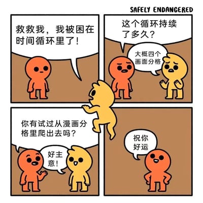 这是一组四格卡通漫画，主角为橙色和黄色两个简约线条角色。第一格中橙色角色焦急呼救：“救救我，我被困在时间循环里了！”；第二格橙色角色追问循环时长，黄色角色淡定回答“大概四个画面分格”；第三格黄色角色提议“你有试过从漫画分格里爬出去吗？”，橙色角色兴奋响应“好主意！”；第四格橙色角色独自站立，微笑说出“祝你好运”，形成角色意识到自身处于漫画分格中的元叙事幽默循环。