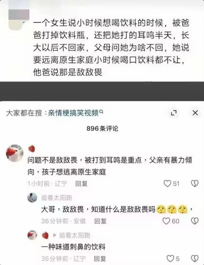 这是一张社交媒体内容及评论区的截图，正文部分讲述了一则事件：一名女子回忆童年时想拿饮料喝，被父亲打掉瓶子还打到耳鸣，成年后因此不愿回家，称要远离不让自己喝饮料的原生家庭，父亲则表示当时她要拿的是剧毒农药敌敌畏。下方评论区中，第一条评论指出该事件的核心是父亲存在暴力倾向、孩子被打致耳鸣才想逃离原生家庭；第二名网友对此评论发出疑问，询问对方是否知道敌敌畏是什么，并搭配三个皱眉表情；第一条评论的发布者随后回复，误以为敌敌畏是一种味道刺鼻的饮料，这段认知偏差的对话形成了强烈的反差笑点。