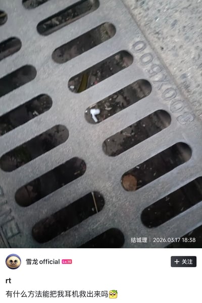 这是一张竖版社交媒体截图，上半部分是实拍的灰色排水沟盖板，盖板带有多组长椭圆形排水镂空孔，其中一个镂空孔内卡着一只掉落的白色无线蓝牙耳机，盖板边缘刻有规格字样，照片右下角标注拍摄者为结城理，拍摄时间为2026.03.17 18:38；下半部分是社交平台发帖界面，用户雪龙official发布该图求助，配文为“rt 有什么方法能把我耳机救出来吗”并附带疑惑表情，该图反转玩了乌鸦喝水的经典故事梗：原本乌鸦靠往容器放入物体喝到水，这里反过来物品掉进了排水孔，乌鸦喝水的方法也帮不上忙，同时呼应标题起到提醒作用。