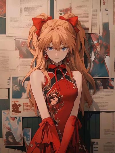 图中是一位动漫风格的少女，有着金色长发，梳成双马尾，发尾自然卷曲，头顶系着两个大大的红色蝴蝶结。她有着蓝色的眼眸，表情冷峻，眼神略带疏离。上身穿着一件红色的中式旗袍，领口和袖口有黑色镶边，胸前绣有一个动漫人物头像图案，裙摆有层叠的荷叶边设计，手上戴着红色长手套，手套边缘也有蝴蝶结装饰。少女站立在一面贴满各种纸张和海报的墙前，背景中的纸张内容模糊，隐约可见文字和彩色插画，整体画面呈现出细腻的二次元风格，细节丰富，色彩以红色为主调，充满视觉冲击力。