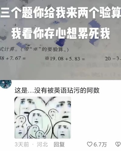 这是一张由数学作业截图、吐槽文字、社交媒体评论和网络表情包拼接而成的趣味内容。上方是一道小数加减法的数学作业题，其中标注※的题目需要验算，配文“三个题你给我来两个验算 我看你存心想累死我”，直白地表达了学生对需要验算的数学作业的抱怨；下方是一条评论“这是...没有被英语玷污的阿数”，用“阿数”这个网络流行称呼指代数学，调侃数学作业的“折磨”，并搭配了多个卡通人物痛哭的表情包，放大了吐槽的情绪，整体内容充满校园生活的共鸣感，精准戳中学生对作业压力的吐槽点。