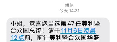 这是一张手机短信界面的截图，显示在今天14:31收到了一则恶搞短信。短信内容为“小姐，恭喜您当选第47任美利坚合众国总统！请于11月6日凌晨12点前，前往美利坚合众国华盛”，内容并未显示完整，是一则无厘头的玩笑信息，用来制造搞笑效果，没有双关、谐音梗或其他暗示内容。