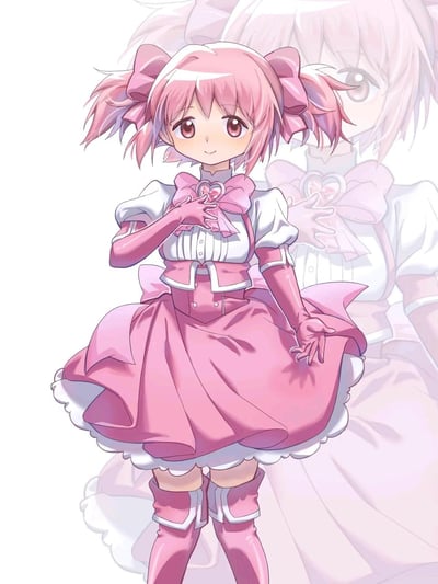 这是一幅AI生成的ACGN同人插画，绘制了日本动画《魔法少女小圆》的主角鹿目圆。角色身着标志性的粉白配色魔法少女制服，粉色双马尾搭配同色系蝴蝶结，左手轻提裙摆，右手置于胸口，面带温柔的微笑。画面背景带有角色的淡色虚影，整体色调柔和清新，凸显出角色甜美温柔的气质。