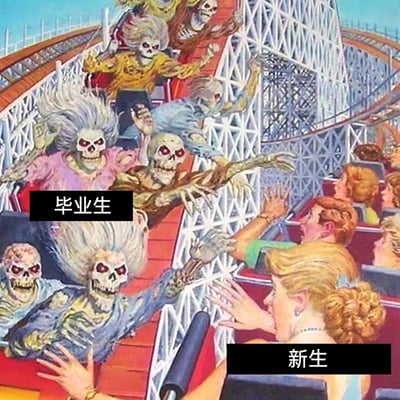 这张图采用左右对比的过山车场景，生动呈现了大学新生与毕业生的状态反差：画面右侧标注“新生”的群体坐在过山车上，脸上满是兴奋与期待，伸手与对面互动，充满对大学生活的憧憬；画面左侧标注“毕业生”的则是一群变成骷髅的形象，头发凌乱、肢体枯槁，眼神空洞且面露惊恐，仿佛在经历了大学的“过山车”式生活后，身心被消磨得失去了往日的朝气。通过夸张的恐怖化表现，讽刺了大学学习生活的压力给学生带来的巨大改变，用极具冲击力的画面凸显从入学到毕业的状态落差。