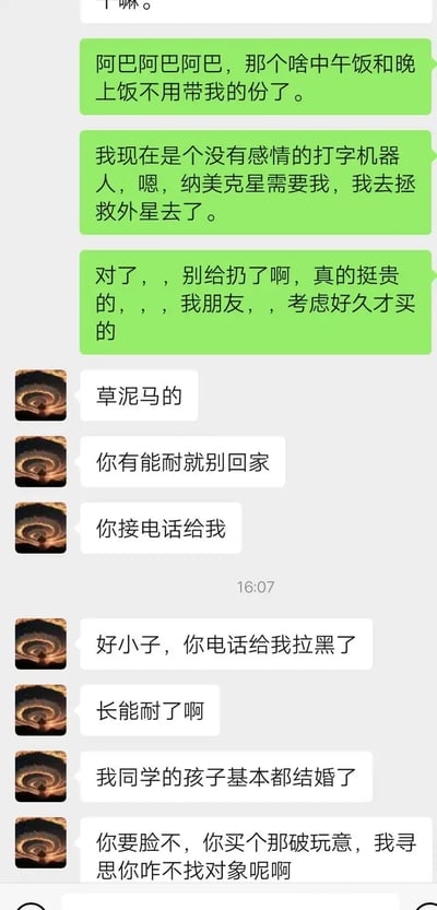 这是一组类似于微信聊天截图的表情包，主要内容是一个人用各种夸张和戏谑的借口（如“我是个没有感情的打字机器人”“纳美克星需要我，我去拯救外星去了”）来应付对方关于日常生活琐事（如需不需要帮带饭等）。对方则用粗暴直白的语气回复，引发幽默、无奈和现实生活压力的共鸣。整体风格轻松搞笑，带有一定的自嘲和夸张成分。

本图没有明显的谐音梗，但有大量互联网常见幽默用语和‘无差别借口流’对话模式。末尾表达了对年轻人生活压力与父母逼婚等现实问题的吐槽。