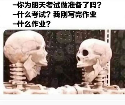 图片上方有三行对话文字：第一行“你为明天考试做准备了吗？”，第二行“什么考试？我刚写完作业”，第三行“什么作业？”。下方是两个面对面的骷髅骨架，似乎在进行对话。通过骷髅象征“空白”或“毫无准备”的状态，幽默地表现出学生对考试和作业的健忘与迷茫，形成递进式的搞笑效果。