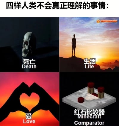 这是一张四格拼接的静态梗图，顶部标题为“四样人类不会真正理解的事情”。左上格呈现黑暗背景下的骷髅头，标注文字“死亡（Death）”；右上格是黄昏海景前站在山顶的人物剪影，标注文字“生活（Life）”；左下格是橙红色背景下双手比心的人物剪影，标注文字“爱（Love）”；右下格是游戏《我的世界》（Minecraft）中的红石比较器道具，标注文字“红石比较器（Minecraft Comparator）”。图片以调侃的方式，将游戏中逻辑复杂、让多数玩家难以完全掌握的红石比较器，与死亡、生活、爱这类人类难以真正参透的哲学概念并列，制造反差感，引发《我的世界》玩家的共鸣与笑点。