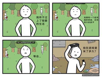 这是一则四格讽刺漫画，第一格中，卡通主角双手叉腰，面带满足的笑容，说道“我终于过上了想要的生活”，背景的树林里有两个卡通小人，一个坐着看书，一个在行走；第二格主角继续笑着描述自己的“理想生活”：“我拥有一个超幸福的家庭，还有很大的房子”；第三格主角的表情转为疑惑，皱着眉头说“等会...”，此时背景中行走的小人上方显示出游戏玩家ID“Xx_zackterry115_YT”，暗示这是游戏场景；第四格画面切换到一个堆满垃圾的脏乱房间，主角摘下VR头显，手里拿着游戏手柄，一脸迷茫地问“我在游戏里呆了多久？”，揭示出之前的理想生活只是他在游戏中的虚拟体验，现实里他早已沉迷游戏，生活变得邋遢混乱。