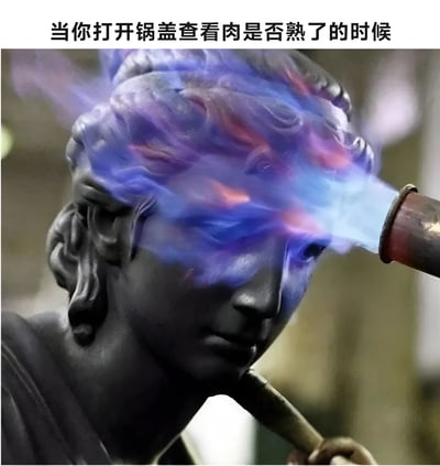 这张梗图展示了一尊古典风格的雕像，头部被蓝色火焰（类似喷灯效果）包围，配文‘当你打开锅盖查看肉是否熟了的时候’。图中用夸张的手法表现了人们打开锅盖时，蒸汽扑面而来的瞬间，仿佛被火焰灼烧的搞笑场景，引发观众对厨房烹饪小插曲的共鸣。