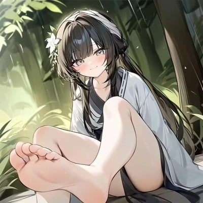 画面中是一位身穿和服的长发少女，她坐在森林的地面上，双腿弯曲靠近身体。少女有着齐刘海和黑色长发，头发上别着一朵白色花朵，面带微笑，脸颊泛着红晕。背景是茂密的森林，阳光透过树叶洒下柔和的光芒，空气中漂浮着雨滴，营造出宁静而唯美的氛围。