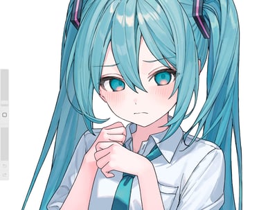 这是一幅二次元同人插画，描绘了VOCALOID虚拟歌手初音未来：她有着标志性的水蓝色双马尾，身穿白衬衫搭配同色系领带，双手攥着领带，眉头微蹙，脸颊泛起红晕，神情害羞又带着一丝不安，生动展现出腼腆局促的状态，画面风格清新柔和，角色神态细节饱满。