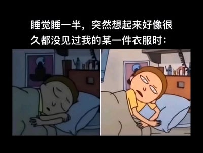 这是一张左右对比的卡通梗图，上方配有文字“睡觉睡一半，突然想起来好像很久都没见过我的某一件衣服时：”。左侧画面是动画《瑞克和莫蒂》里的角色莫蒂，正蜷缩在被子里熟睡，表情放松，处于深度睡眠状态；右侧画面里的莫蒂瞬间从睡梦中惊醒，眉头紧皱，眼神里充满疑惑和烦躁，身体撑起靠在枕头上，生动还原了很多人在熟睡时，突然意识到某件衣服失踪不见，被瞬间唤醒的抓狂与焦虑状态，精准戳中大众在生活中找不到衣物的日常困扰，引发强烈共鸣。